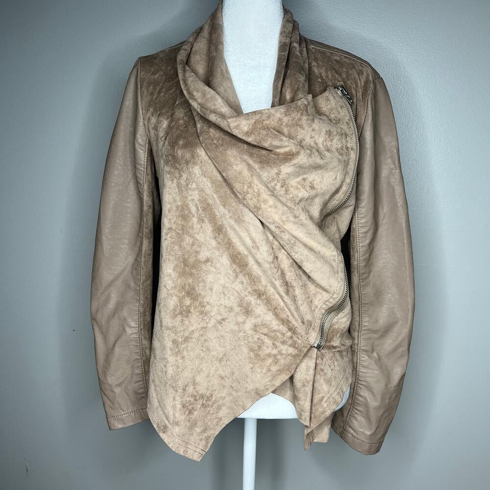 BLANK NYC Womens Size S Tan Drape Moto Front Faux Suede Asymmetrical Zip Jacket - Picture 4 of 7